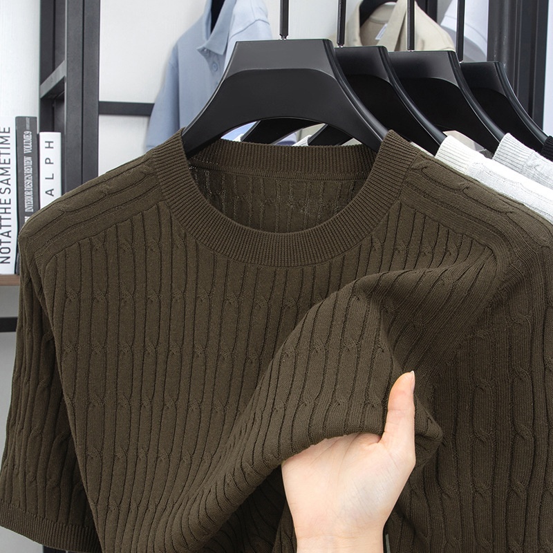 Men's Cable Knit Short Sleeve T-Shirt Crew Neck