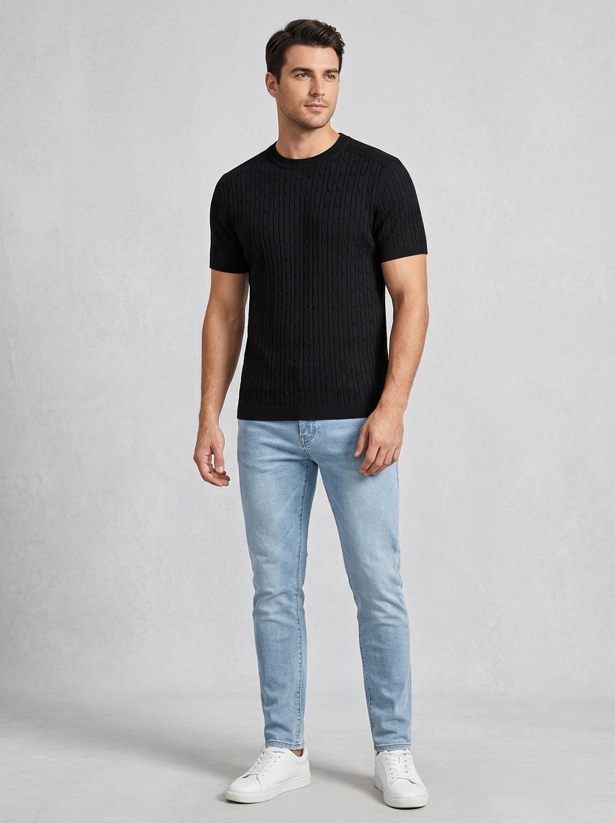 Men's Cable Knit Short Sleeve T-Shirt Crew Neck