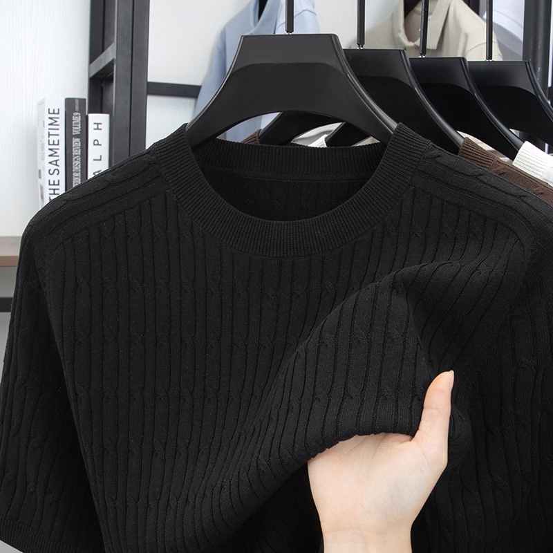 Men's Cable Knit Short Sleeve T-Shirt Crew Neck