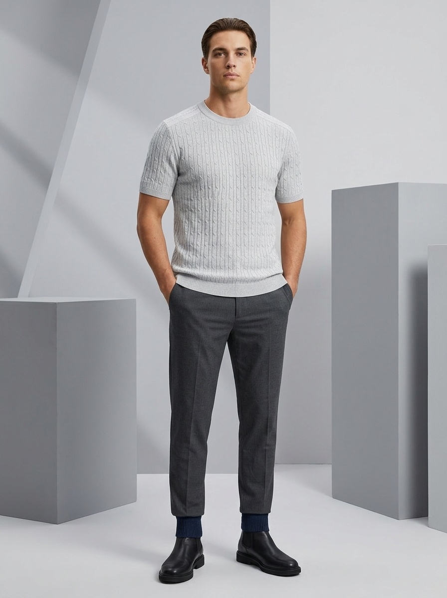 Men's Cable Knit Short Sleeve T-Shirt Crew Neck