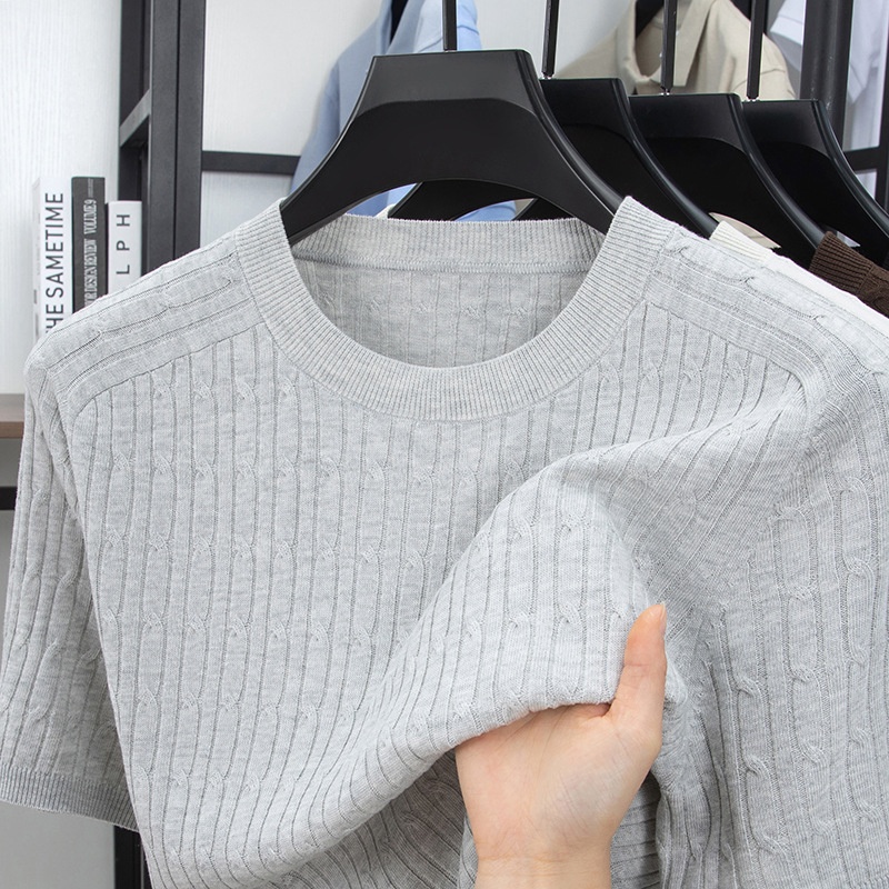 Men's Cable Knit Short Sleeve T-Shirt Crew Neck