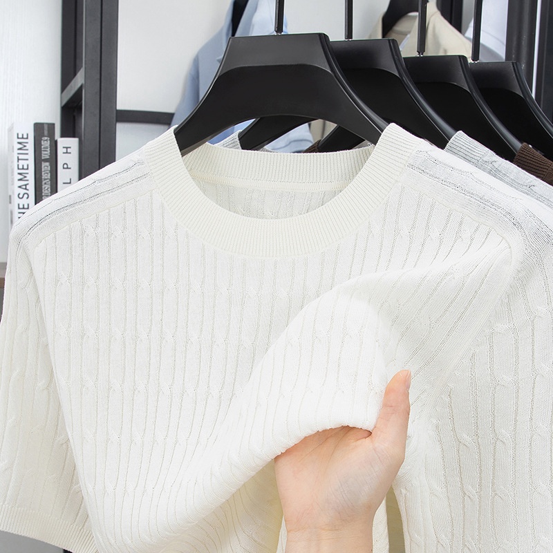 Men's Cable Knit Short Sleeve T-Shirt Crew Neck