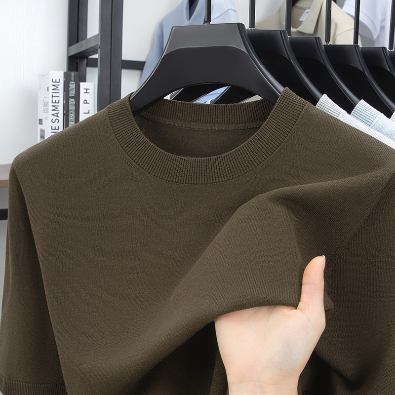 Men's Knitted Short Sleeve T-Shirt Casual Crew Neck Top