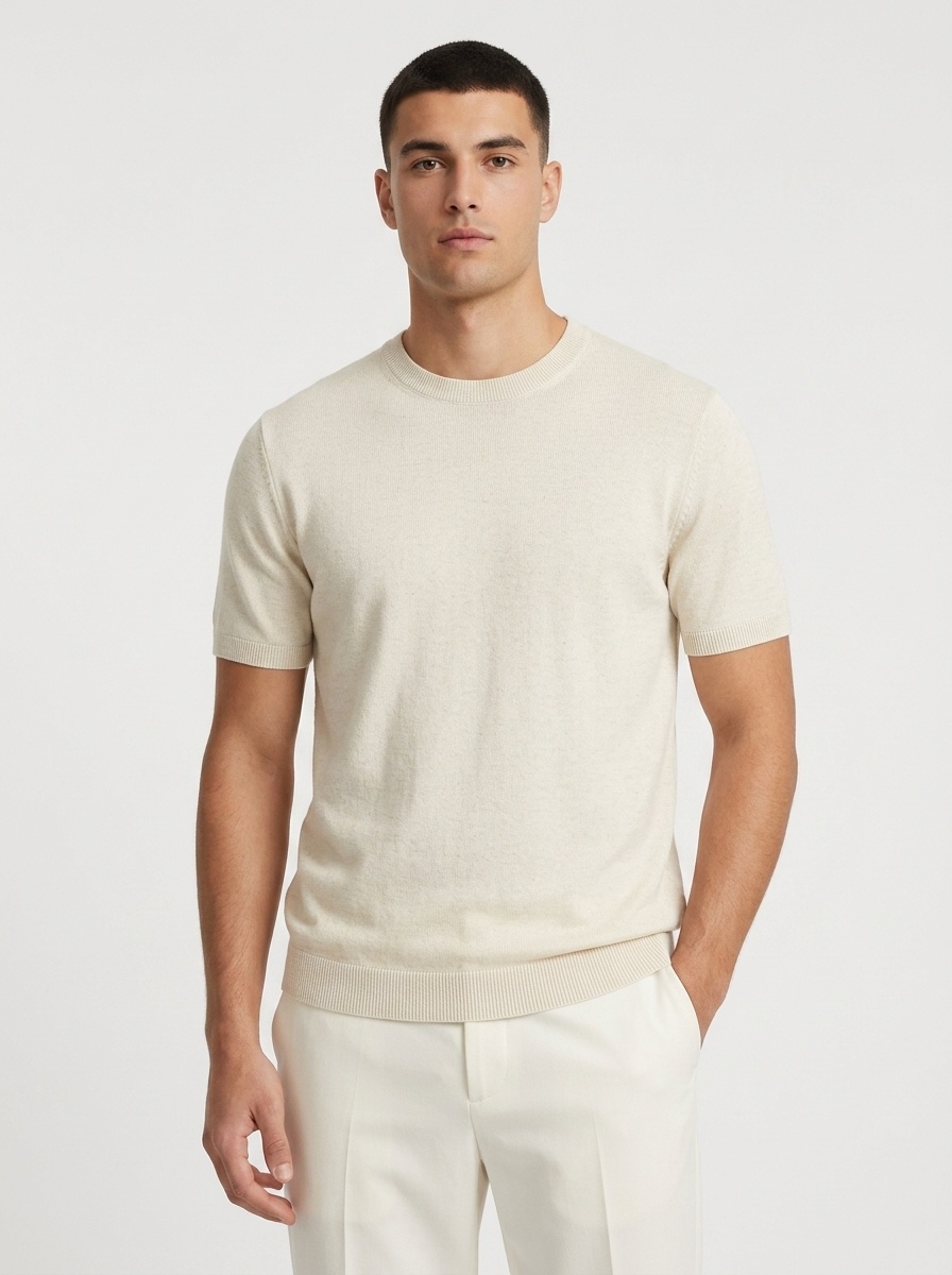 Men's Knitted Short Sleeve T-Shirt Casual Crew Neck Top