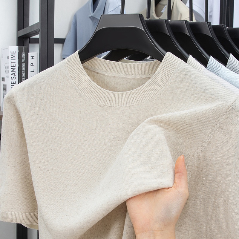 Men's Knitted Short Sleeve T-Shirt Casual Crew Neck Top