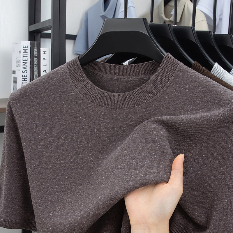 Men's Knitted Short Sleeve T-Shirt Casual Crew Neck Top