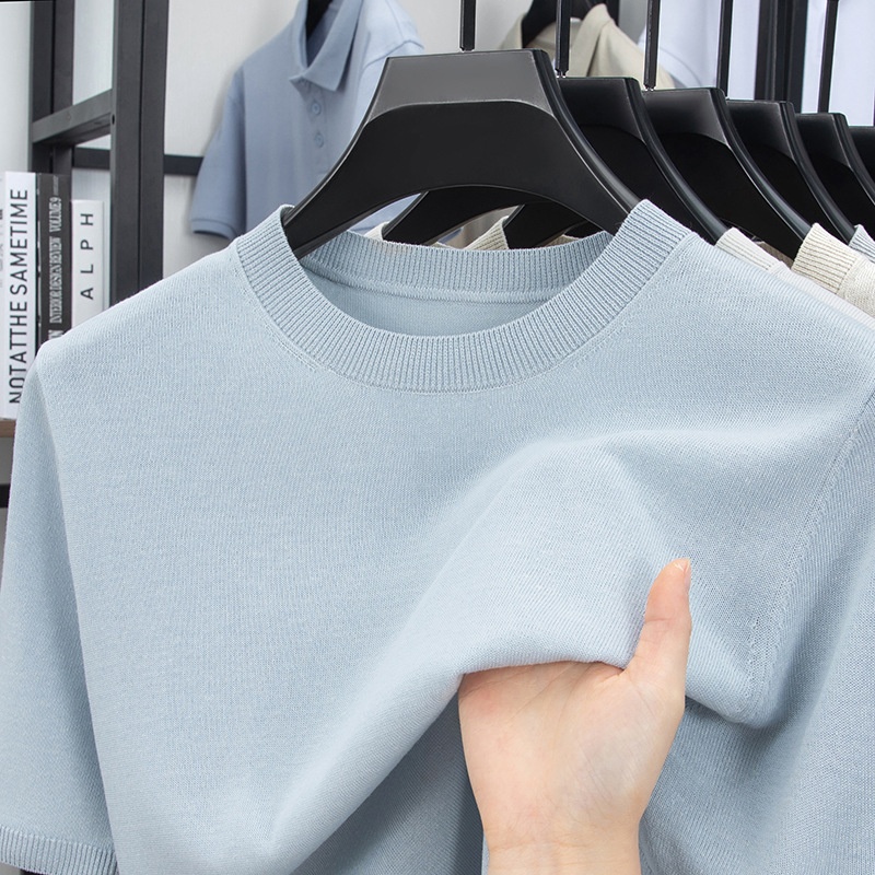 Men's Knitted Short Sleeve T-Shirt Casual Crew Neck Top