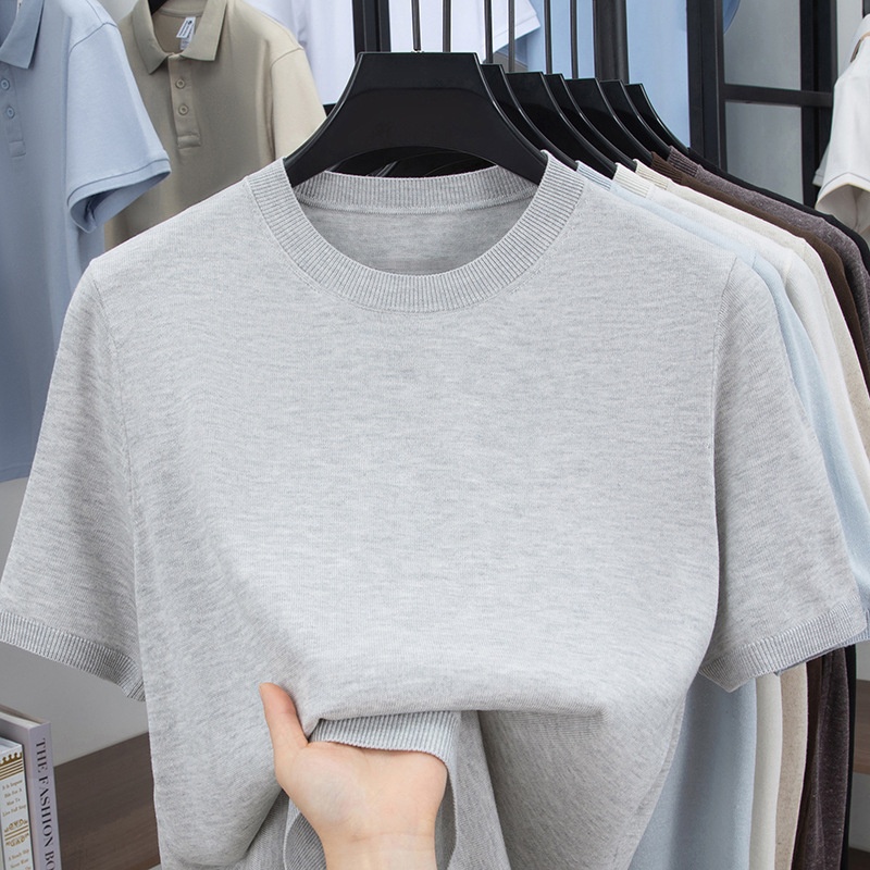 Men's Knitted Short Sleeve T-Shirt Casual Crew Neck Top