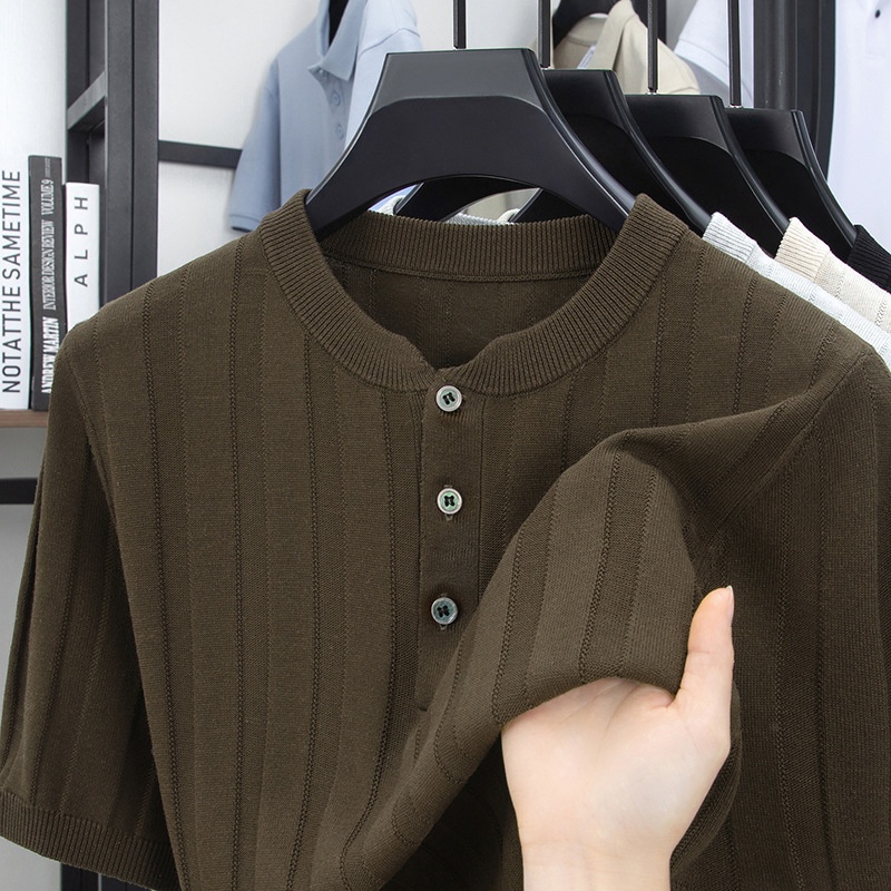 Men's Ribbed Knit Henley Shirt - Short Sleeve Comfort