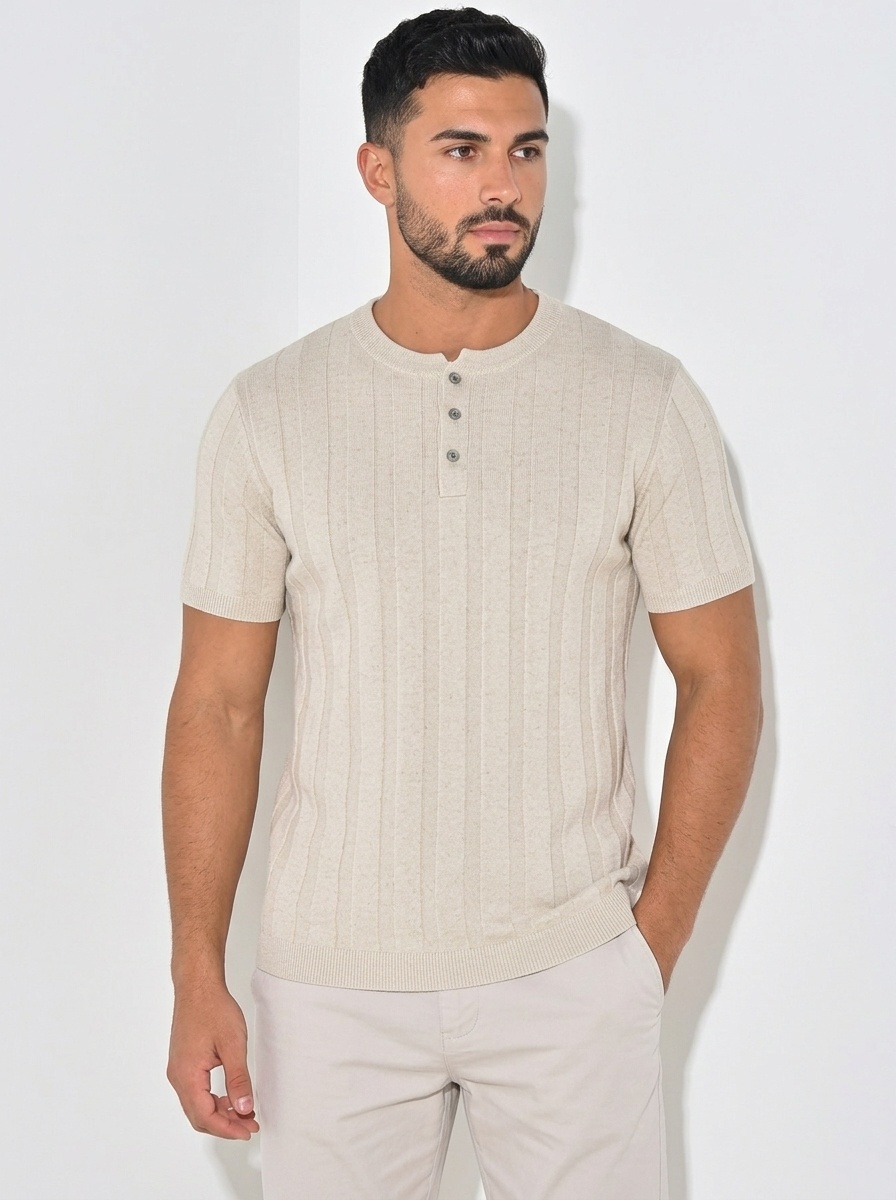 Men's Ribbed Knit Henley Shirt - Short Sleeve Comfort