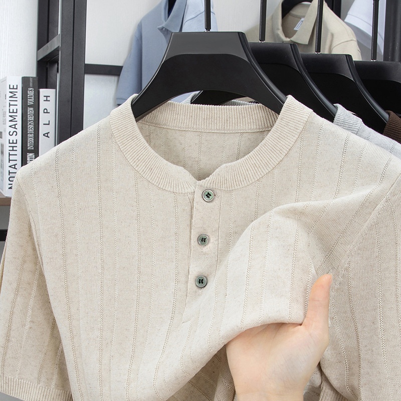 Men's Ribbed Knit Henley Shirt - Short Sleeve Comfort