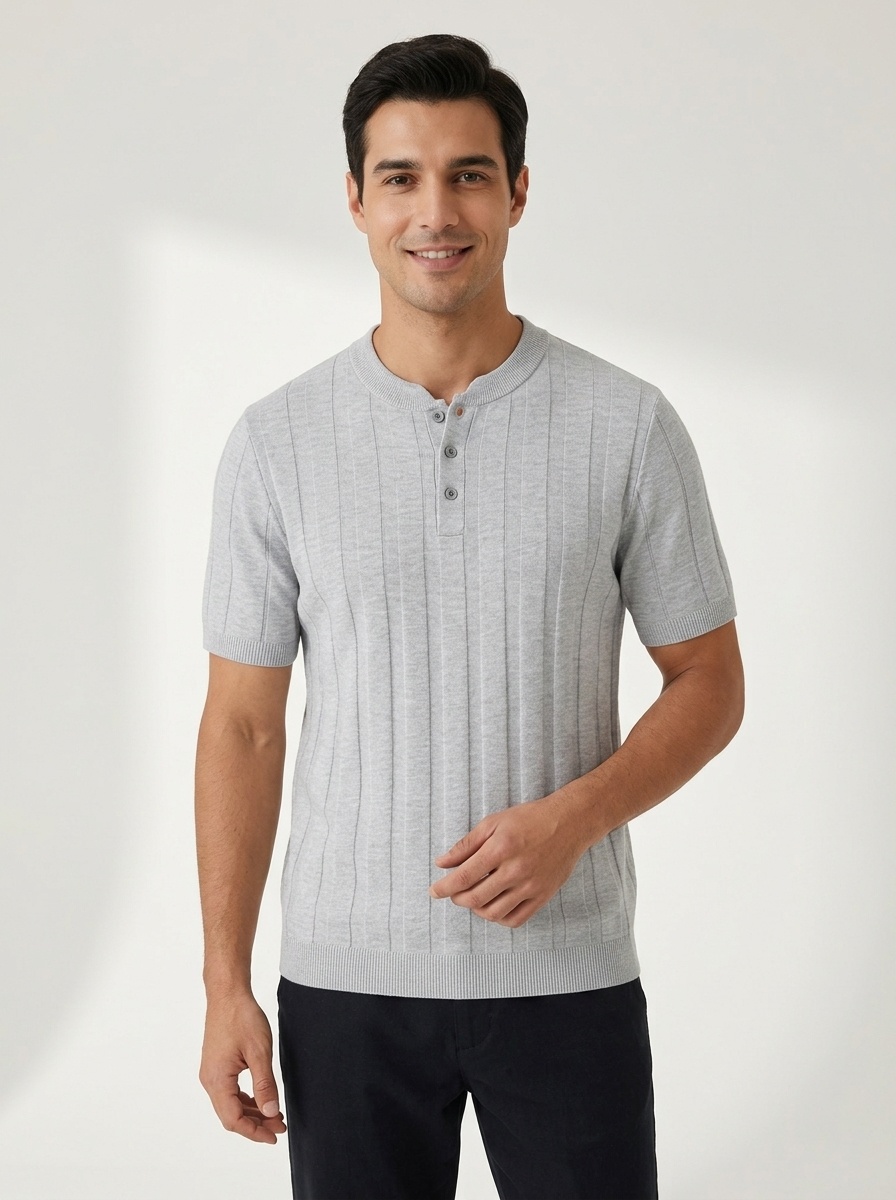 Men's Ribbed Knit Henley Shirt - Short Sleeve Comfort
