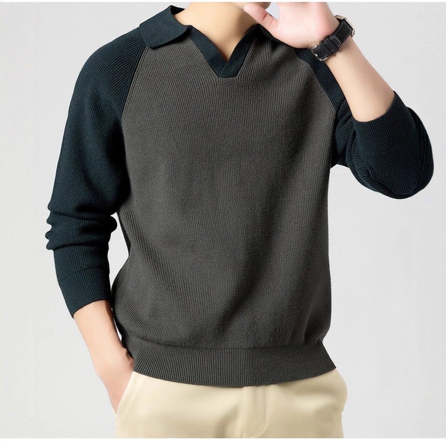 Men's Polo Collar Half-Zip Knit Sweater Contrast Lapel Casual Top