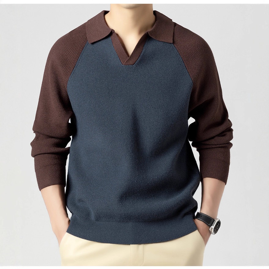 Men's Polo Collar Half-Zip Knit Sweater Contrast Lapel Casual Top