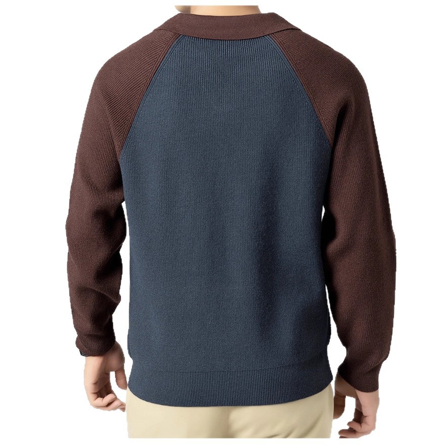 Men's Polo Collar Half-Zip Knit Sweater Contrast Lapel Casual Top