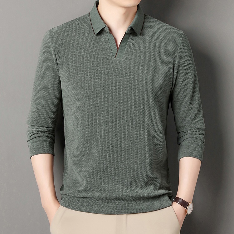 Men's Long Sleeve Lapel Polo Sweater Solid Color Simple Knit Polo Shirt