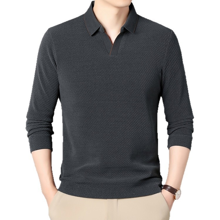 Men's Long Sleeve Lapel Polo Sweater Solid Color Simple Knit Polo Shirt