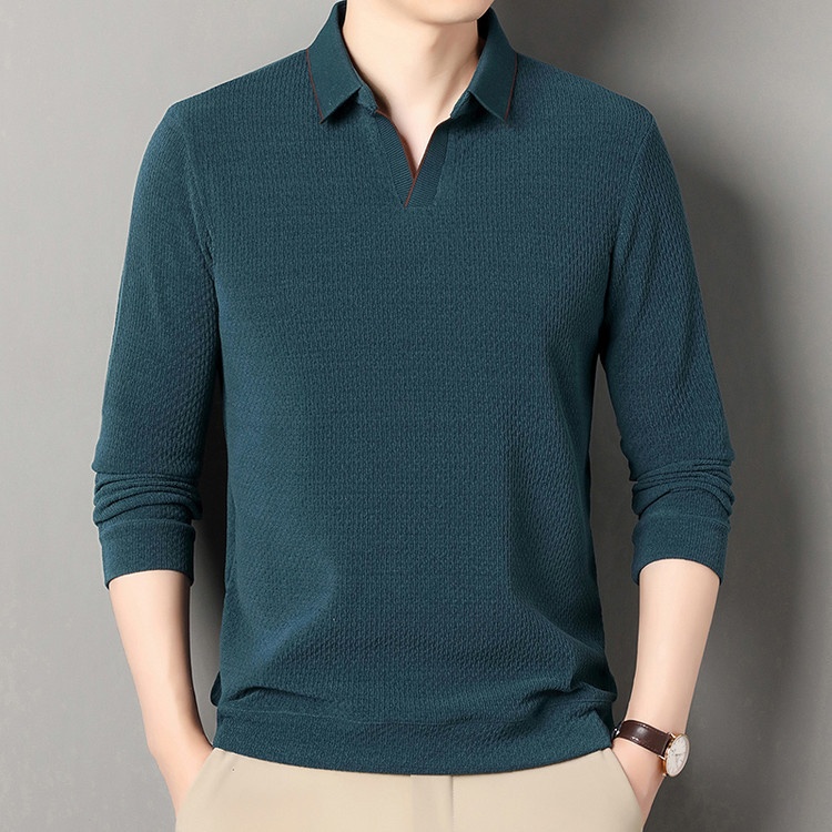 Men's Long Sleeve Lapel Polo Sweater Solid Color Simple Knit Polo Shirt