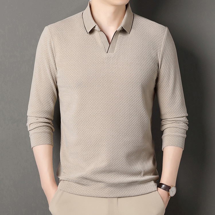 Men's Long Sleeve Lapel Polo Sweater Solid Color Simple Knit Polo Shirt