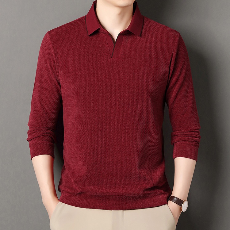 Men's Long Sleeve Lapel Polo Sweater Solid Color Simple Knit Polo Shirt