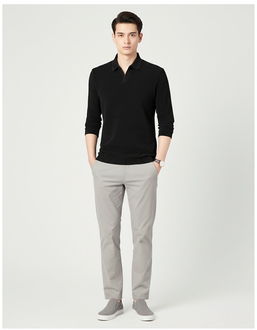 Men's Long Sleeve Lapel Polo Sweater Solid Color Simple Knit Polo Shirt