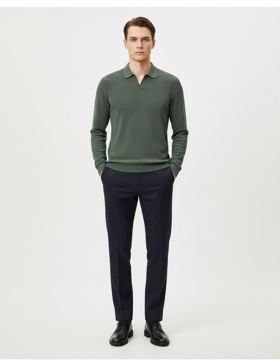 Men's Long Sleeve Lapel Polo Sweater Solid Color Simple Knit Polo Shirt