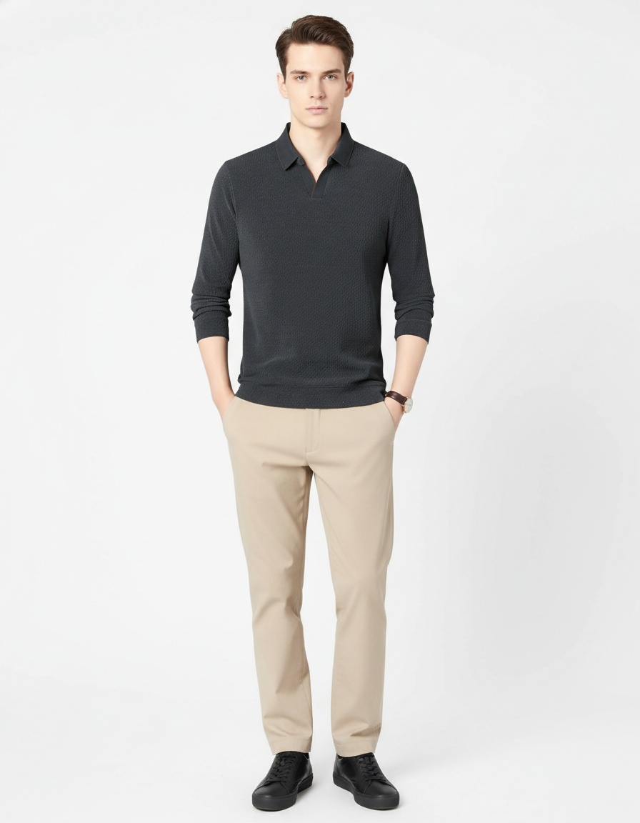 Men's Long Sleeve Lapel Polo Sweater Solid Color Simple Knit Polo Shirt