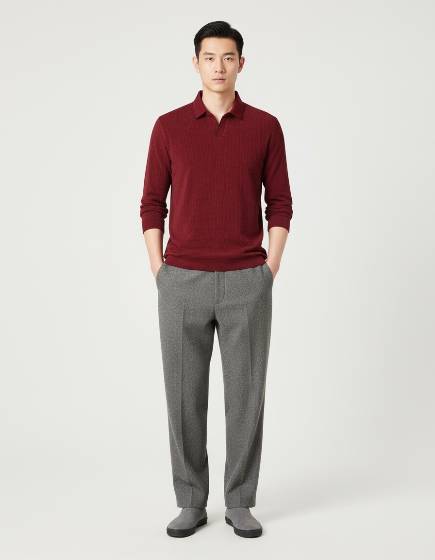 Men's Long Sleeve Lapel Polo Sweater Solid Color Simple Knit Polo Shirt