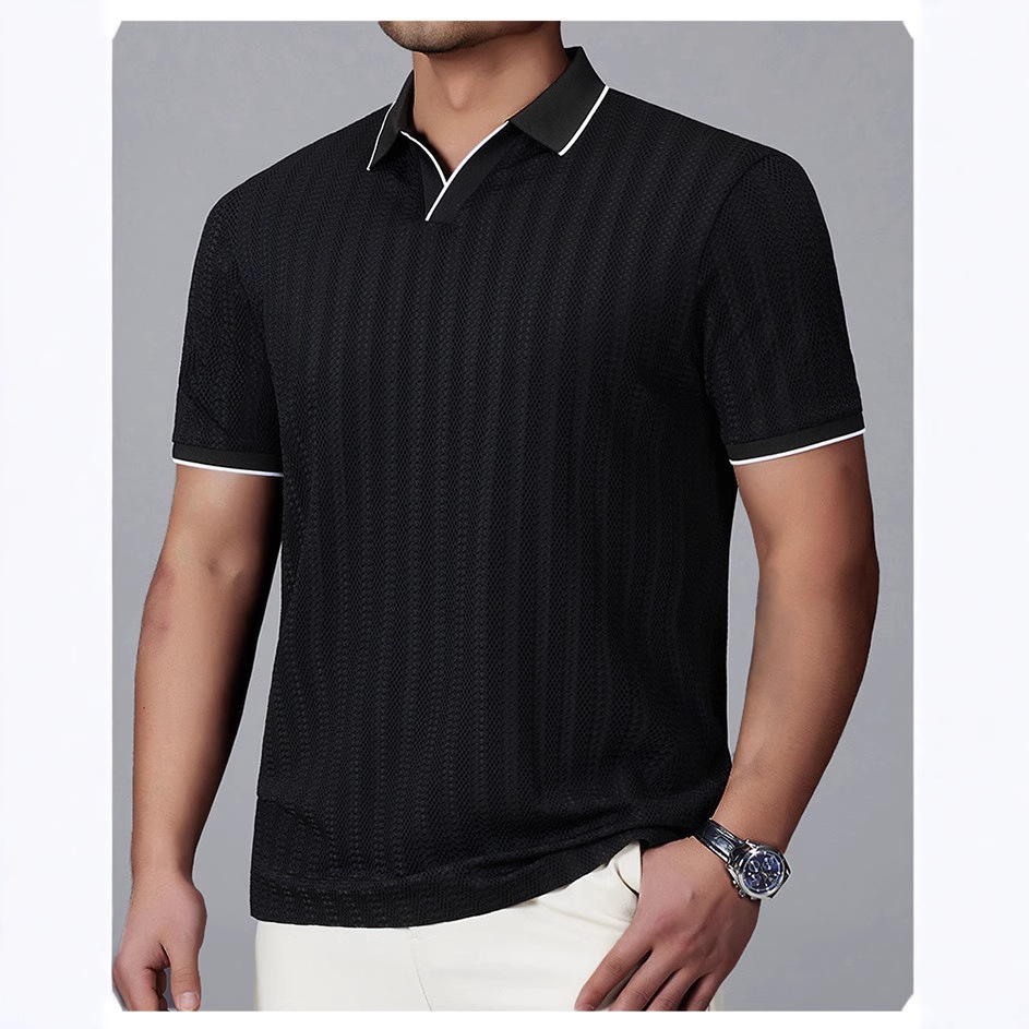 Men's High-End Solid Short Sleeve Knit Polo Breathable Ice Silk Shirt