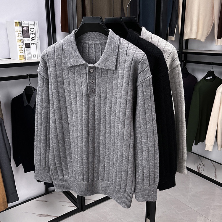 Men's Vertical Striped Knit Sweater Solid Color Fashion Casual Polo Top