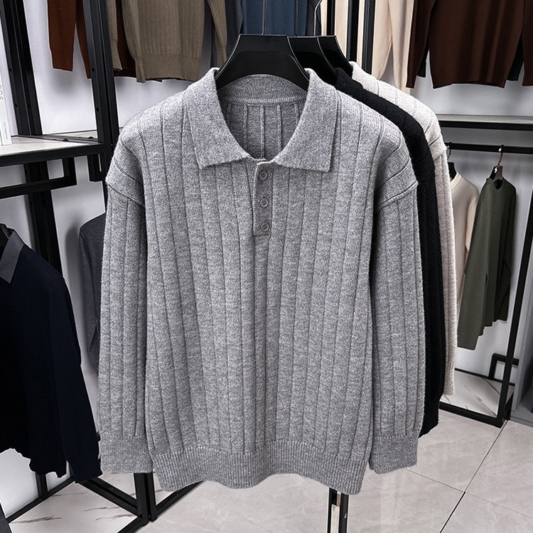 Men's Vertical Striped Knit Sweater Solid Color Fashion Casual Polo Top