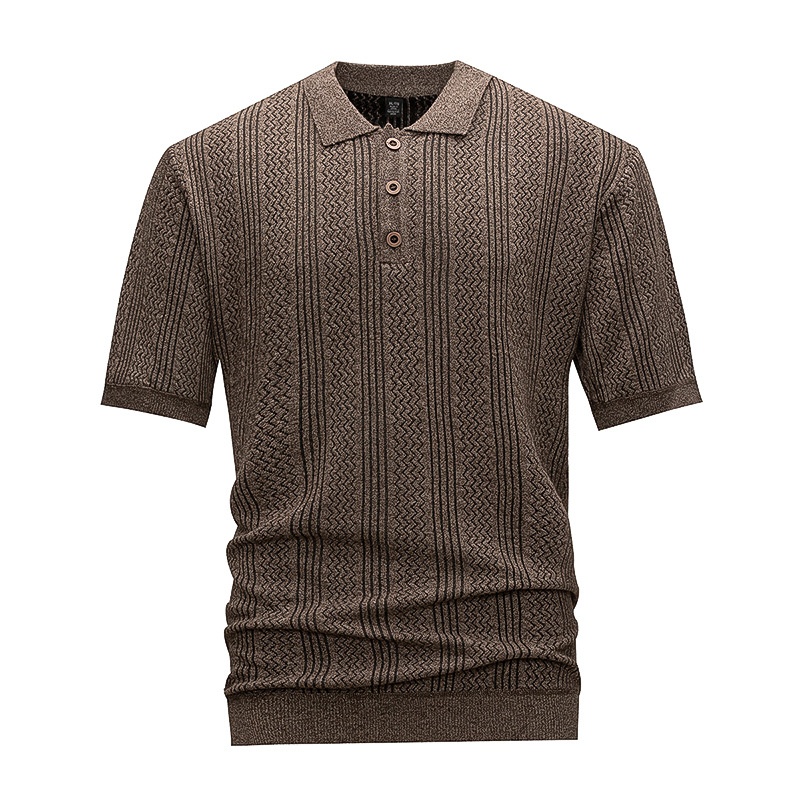 Polo de punto marrón para hombre - Manga corta con rayas en zigzag