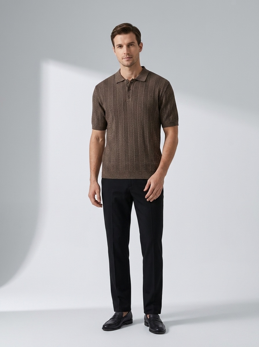Polo de punto marrón para hombre - Manga corta con rayas en zigzag