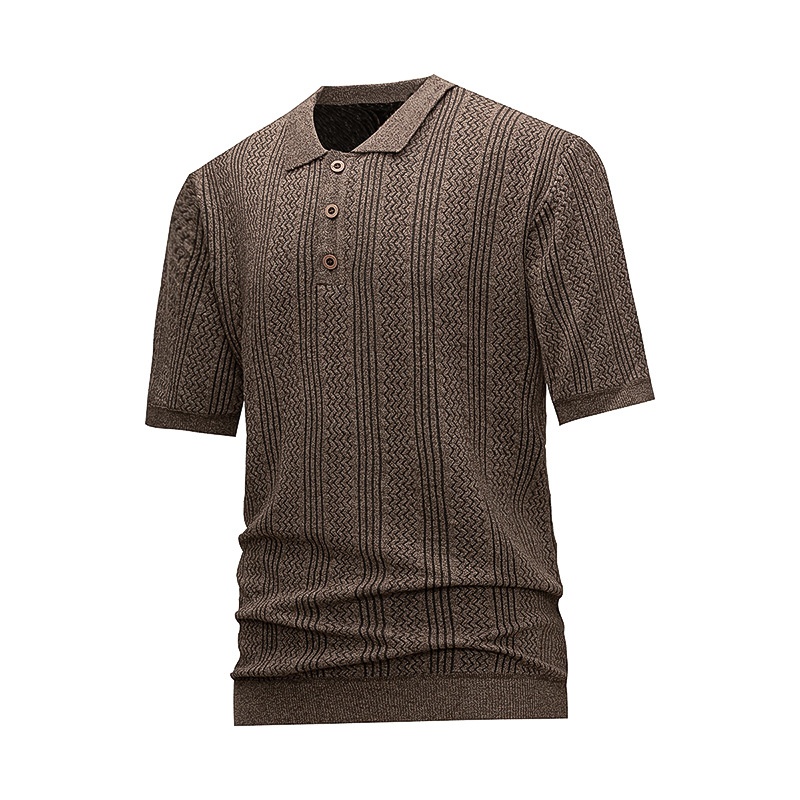 Polo de punto marrón para hombre - Manga corta con rayas en zigzag