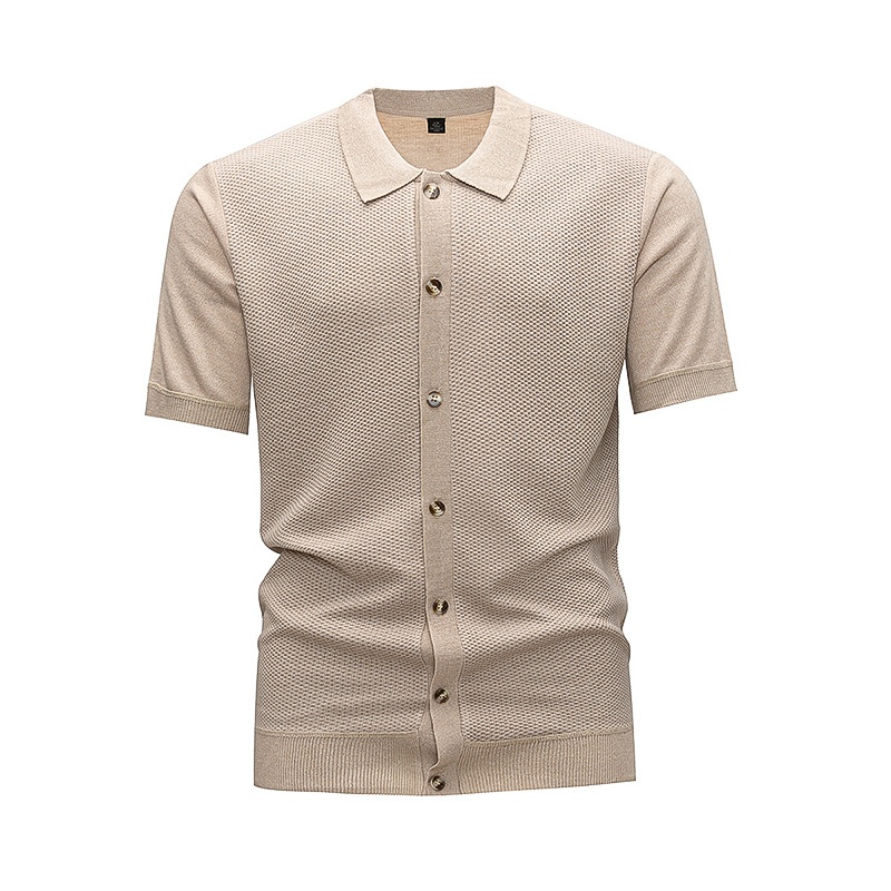 Cárdigan tipo polo de manga corta para hombre, color beige, de punto texturizado.