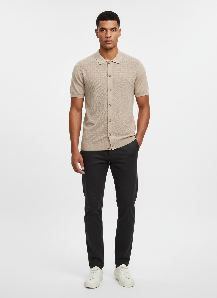 Cárdigan tipo polo de manga corta para hombre, color beige, de punto texturizado.