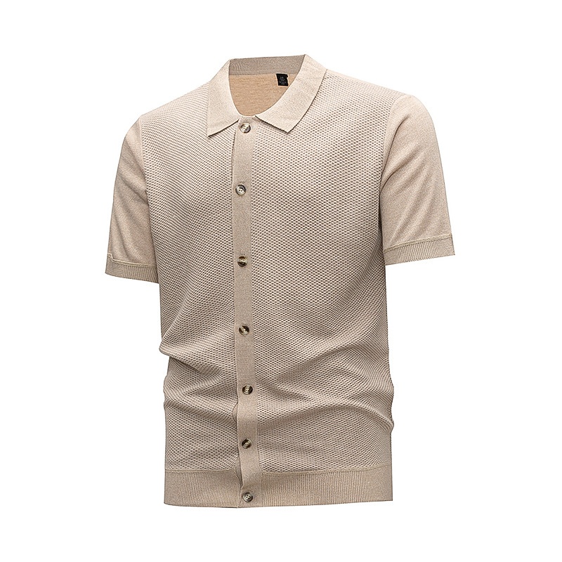 Cárdigan tipo polo de manga corta para hombre, color beige, de punto texturizado.