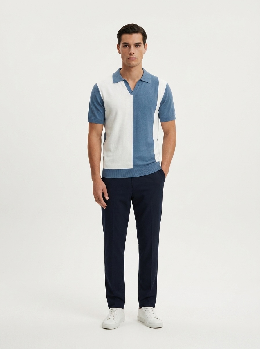 Men's Color Block Knit Polo Shirt - Short Sleeve V-Neck