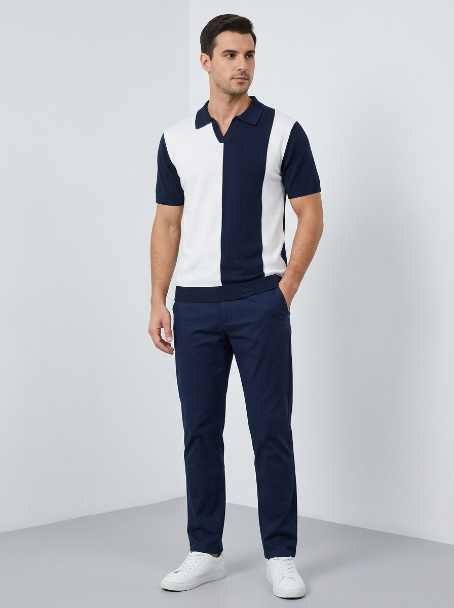 Men's Color Block Knit Polo Shirt - Short Sleeve V-Neck