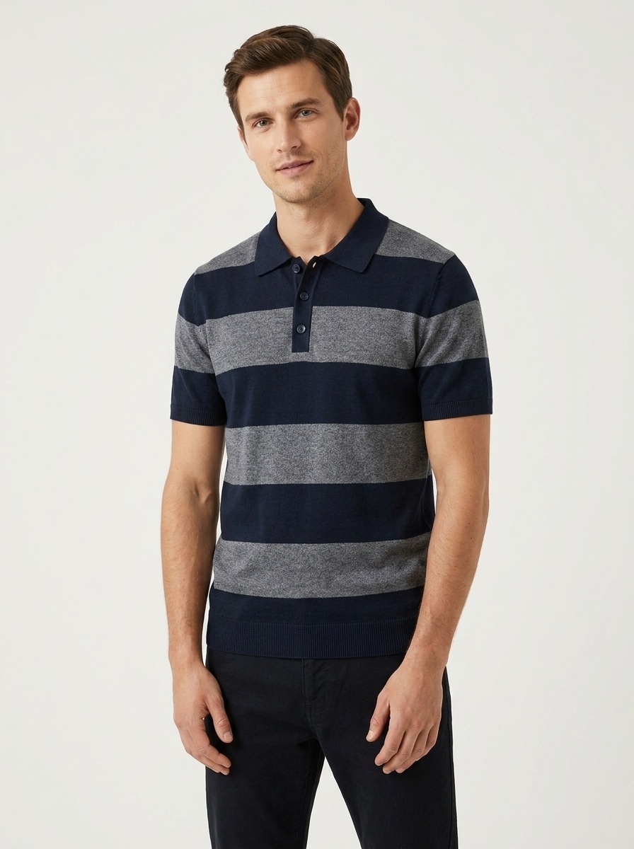 Men's Striped Polo Shirt - Casual Short Sleeve Knit Top