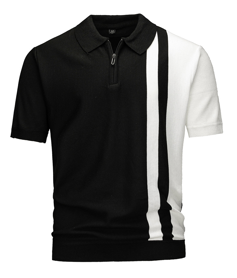 Men's Striped Knit Polo Shirt with Zipper