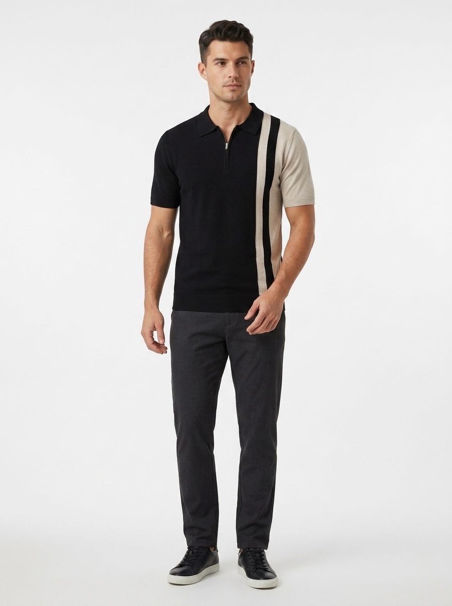 Men's Striped Knit Polo Shirt with Zipper