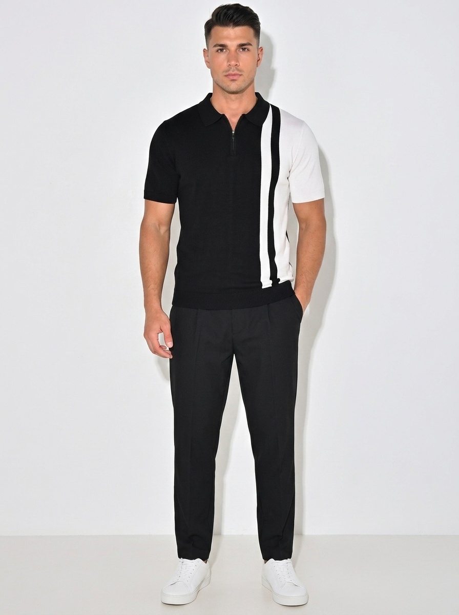 Men's Striped Knit Polo Shirt with Zipper