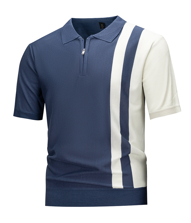 Men's Striped Knit Polo Shirt with Zipper