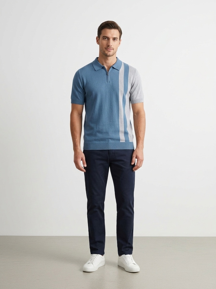 Men's Striped Knit Polo Shirt with Zipper