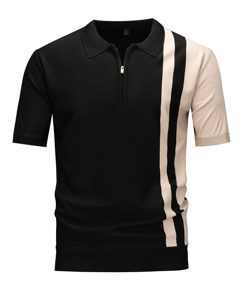 Men's Striped Knit Polo Shirt with Zipper