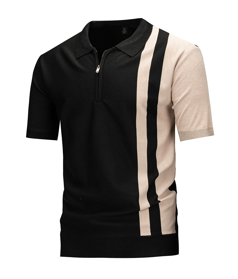 Men's Striped Knit Polo Shirt with Zipper
