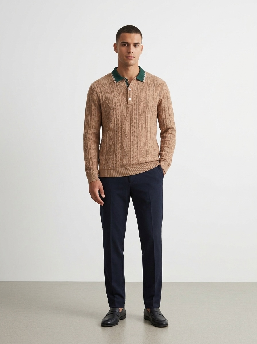 Men's Textured Knit Long Sleeve Polo Shirt