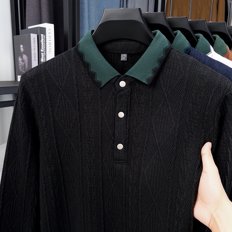 Men's Textured Knit Long Sleeve Polo Shirt