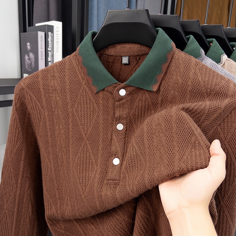 Men's Textured Knit Long Sleeve Polo Shirt